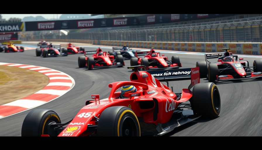Formula One race cars in action on a racetrack, capturing speed and competition.
