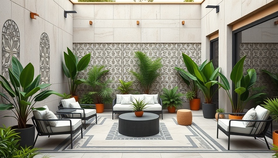 Modern patio with Aztec geometries and minimalist design.