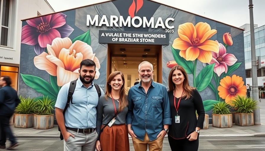 Group outside Brazilian Pavilion at Marmomac 2025 for Brazil's Marble Industry.