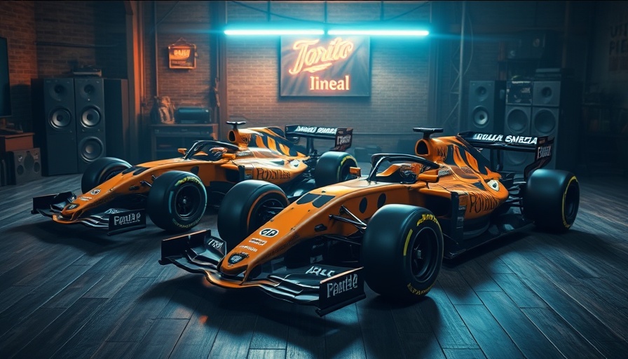 Formula 1 cars with tortoise livery in rustic studio setting.