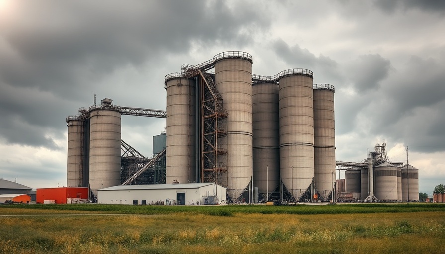 Ternary blended cement plant with towering silos under cloudy sky.