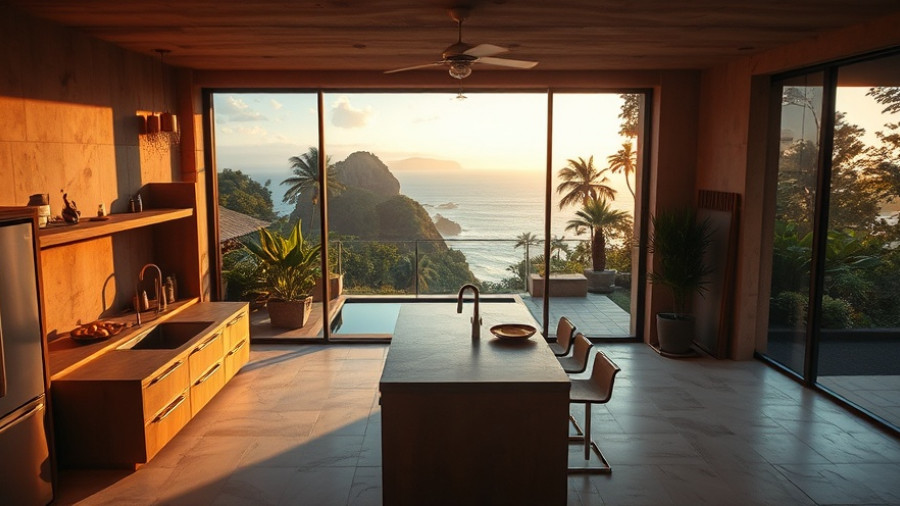 Open-air kitchen integrating sustainable architecture in Costa Rica, blending indoor and outdoor spaces.