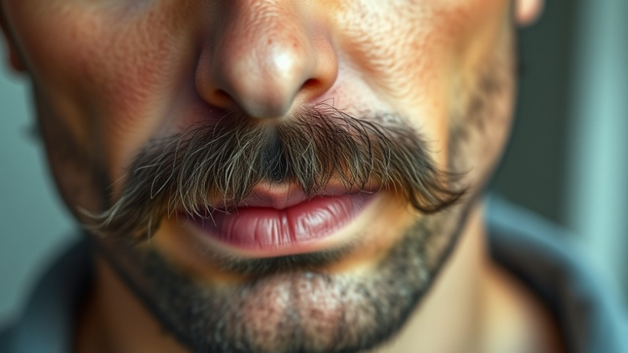 Close-up of a mustache and lips in soft lighting.