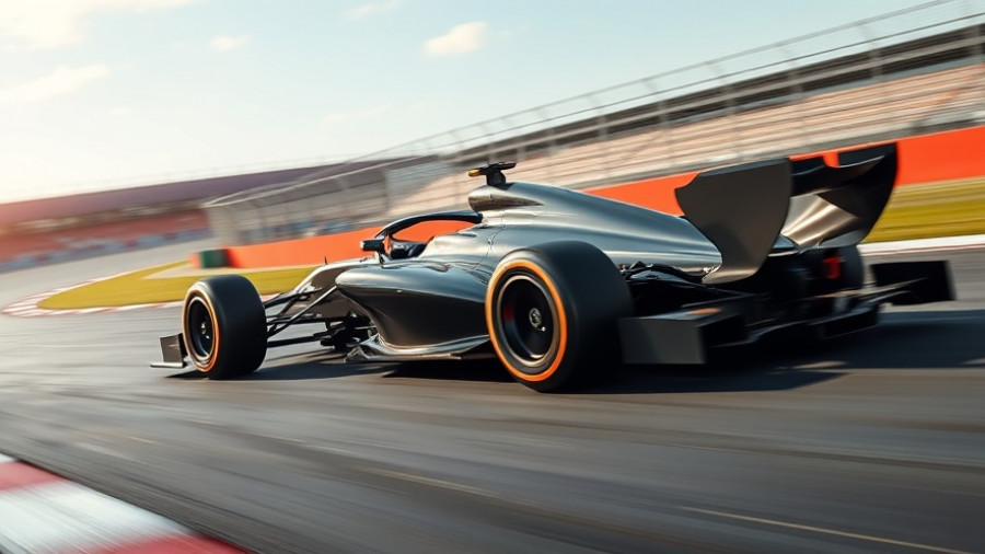Sleek Formula One car racing on track in motion blur.