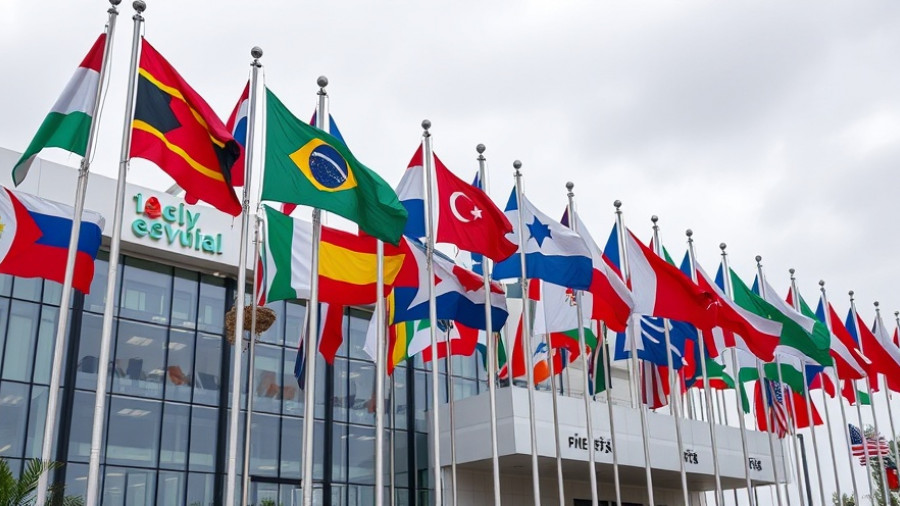 Marmomac 2023 building with international flags.