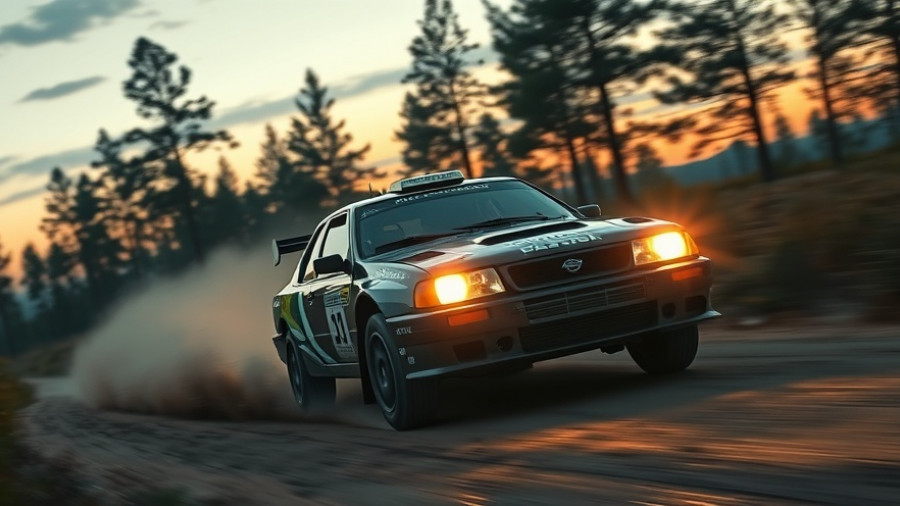 WRC car with visibility issues on a twilight dirt road.