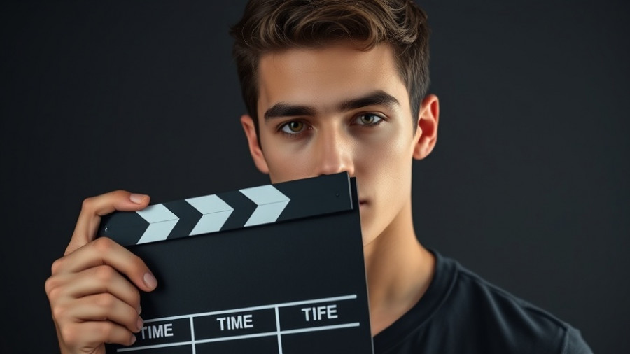 Young man involved in Formula 1 broadcasting holds a film clapperboard.