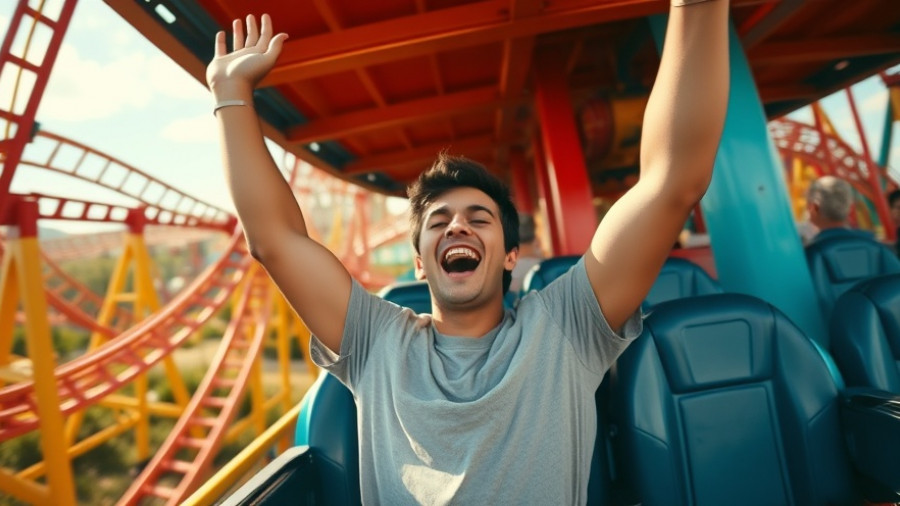 Excited young man on roller coaster ride experiencing thrill.