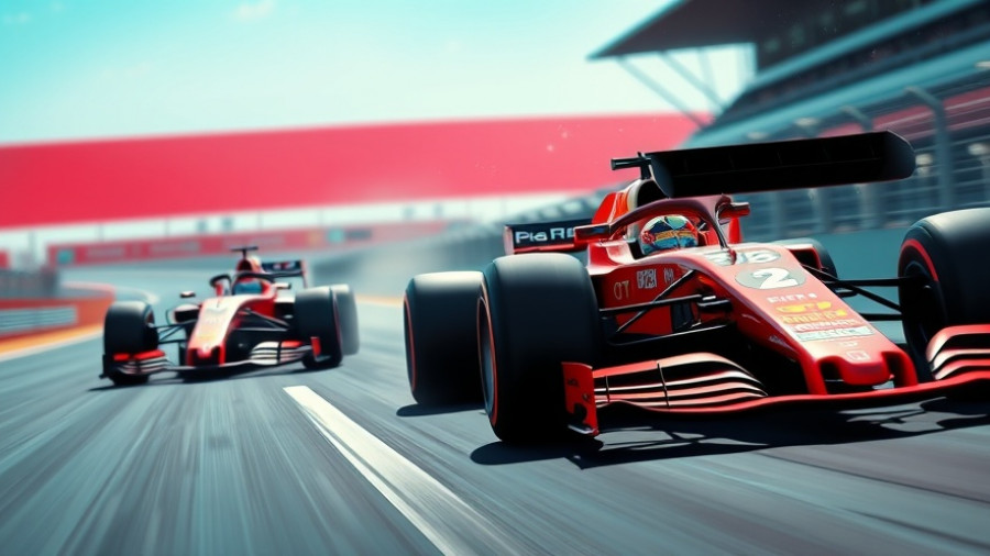 Formula 1 race with high-speed cars on a vibrant track.