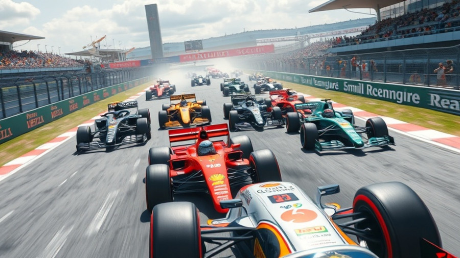 Intense Formula One race with speeding cars on track.