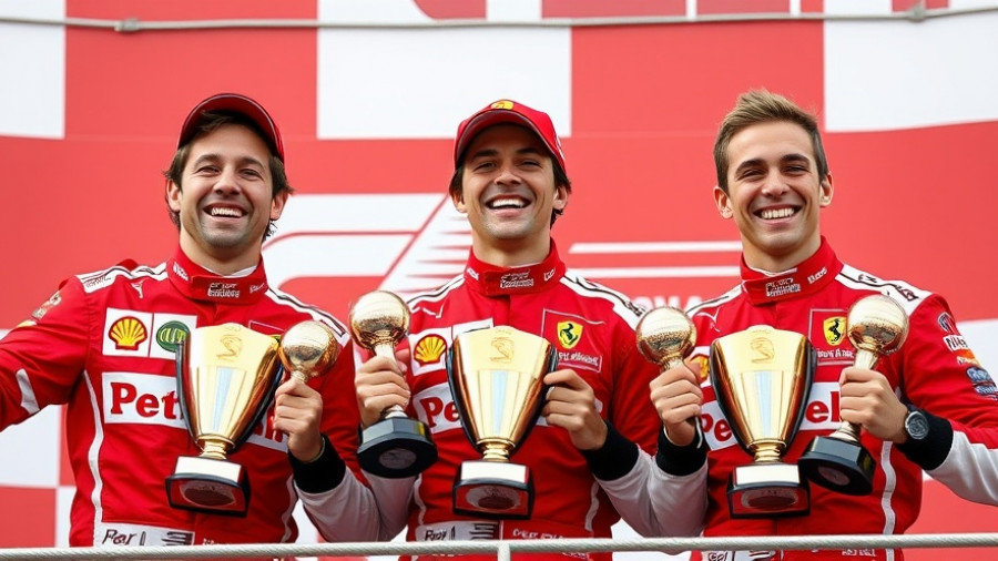 Formula One drivers celebrating on podium with awards