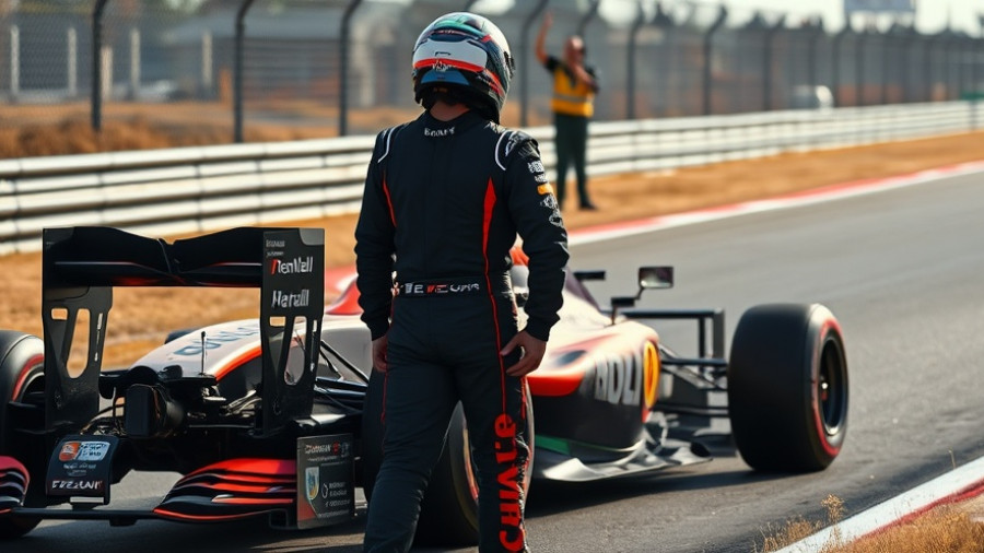 Formula 1 driver reacting to car damage with marshal nearby on track.