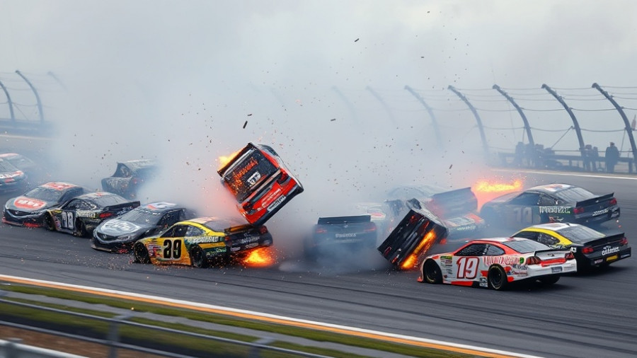 NASCAR Xfinity pileup with cars crashing, sparks flying.