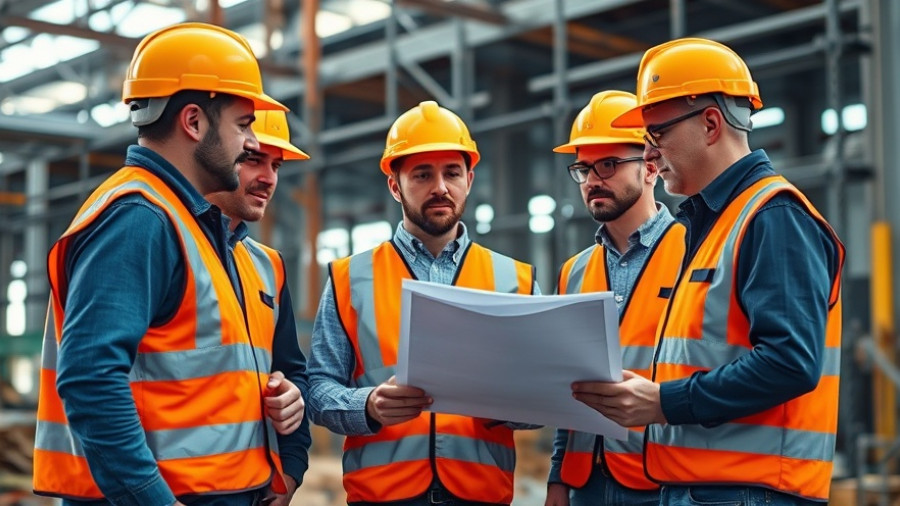 Construction workers discussing plans for better communication in construction.