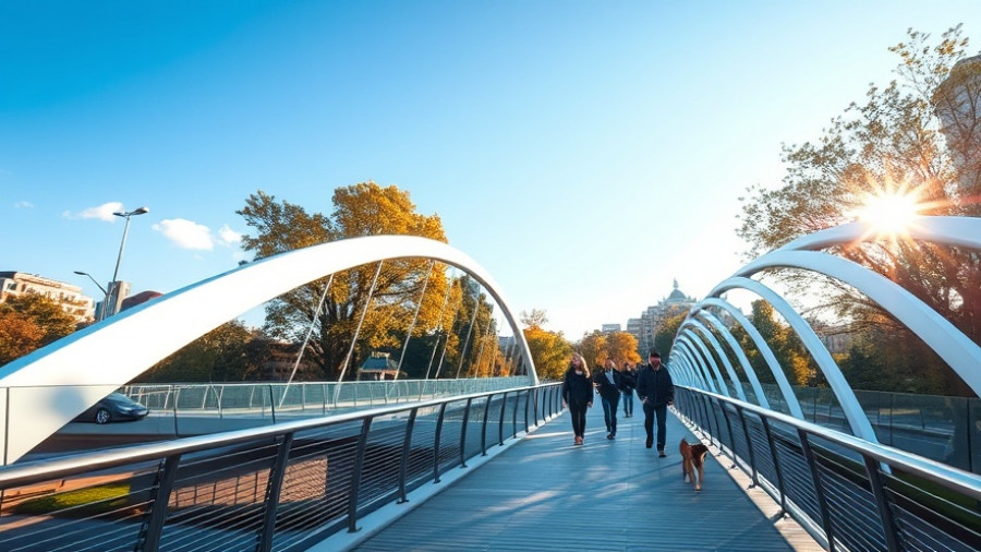 Modern pedestrian bridge at bridge municipal hospital Karlsruhe with people walking dogs, sunny urban park.