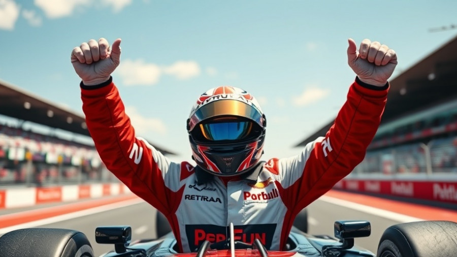 Formula 1 driver celebrating victory in championship battle.