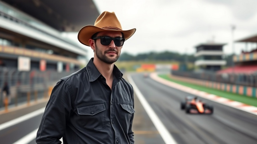 Man in cowboy hat at Formula 1 practice session with blurred racetrack.