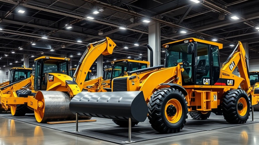 Caterpillar machinery at expo with heavy vehicles.