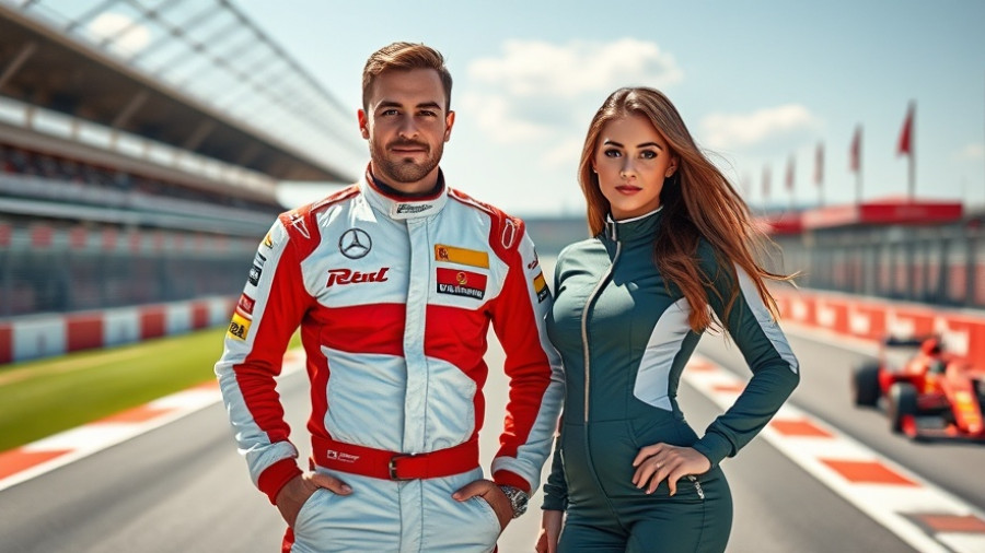 Formula 1 track scene with a man and woman posing confidently.