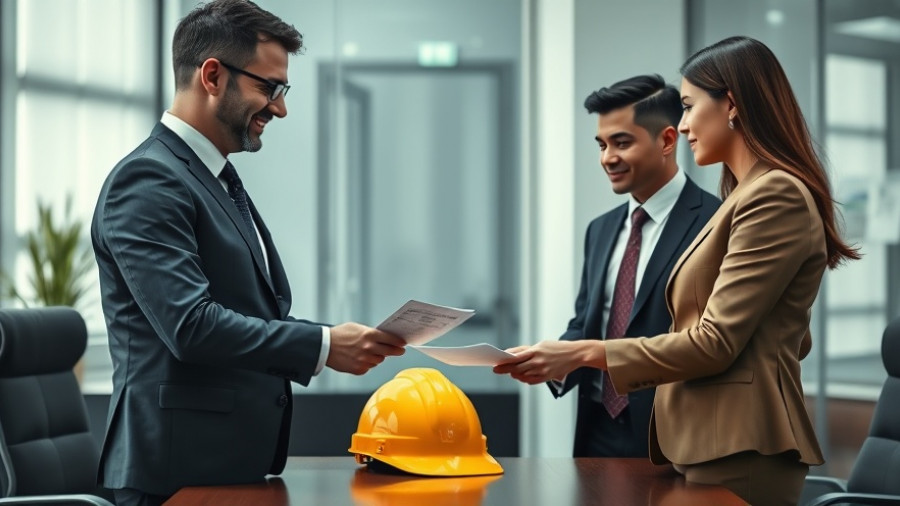 Business meeting discussing construction contract insurance requirements.