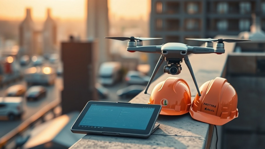 Jobsite technology trends with drones, tablet, and hard hats on construction site.
