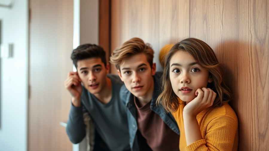 Curious young adults peeking through a door with focus on exploration.