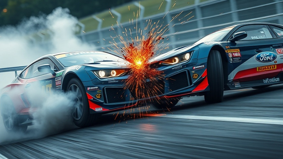 Race car collision sparks and smoke on track, intense impact.