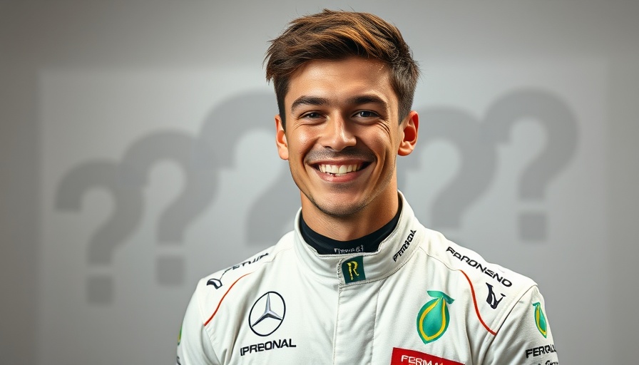 Formula 1 racer smiling in studio with large question marks.