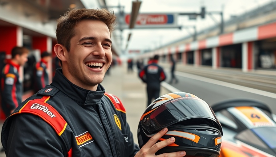 Formula 1 driver smiling in pit area holding helmet.
