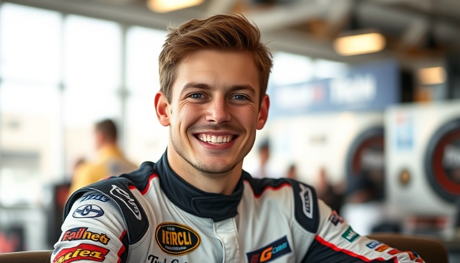 Young male Formula 1 fan smiling confidently indoors.