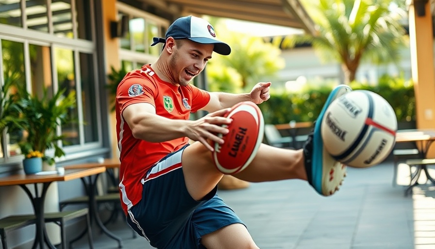 Aussie Rules Football player in sports uniform kicking a ball outdoors.
