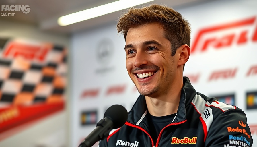 Young male in racing jacket speaking at a Formula One press conference.