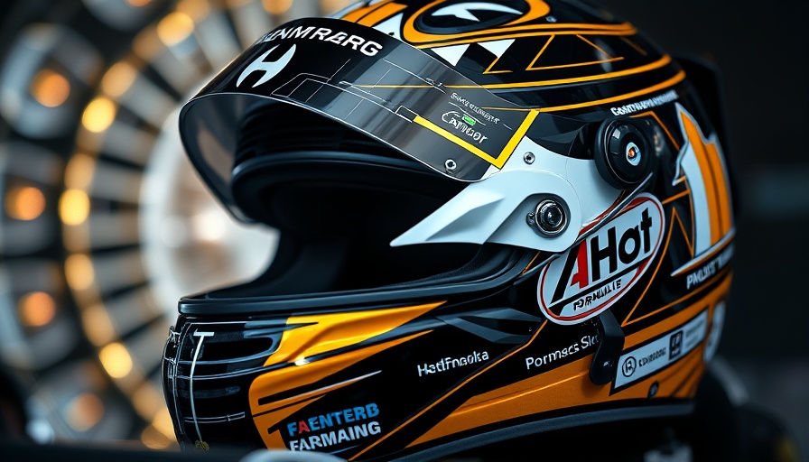 Intricate Formula 1 helmet design with bold logos and gold accents.
