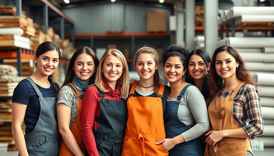Group of women tile installers smiling in a warehouse setting.