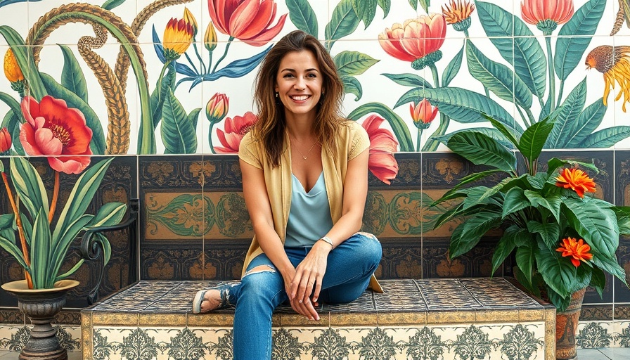 Smiling woman sitting on decorated bench, Elena Grant National Tile Contractors Association