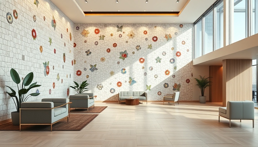 Modern lobby with floral mosaic tiles showcasing sustainable tile production.