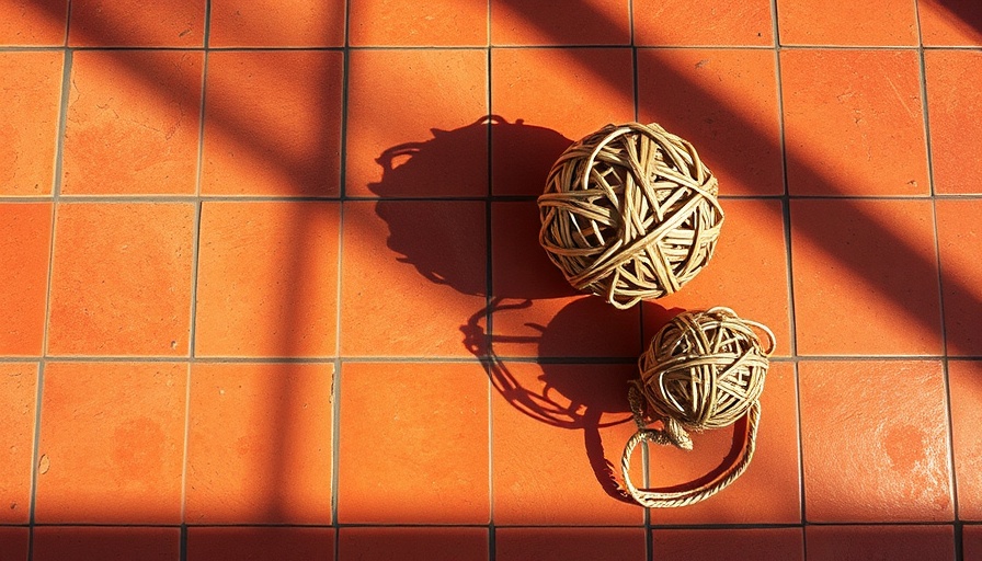 Rustic tile design with woven balls casting shadows.