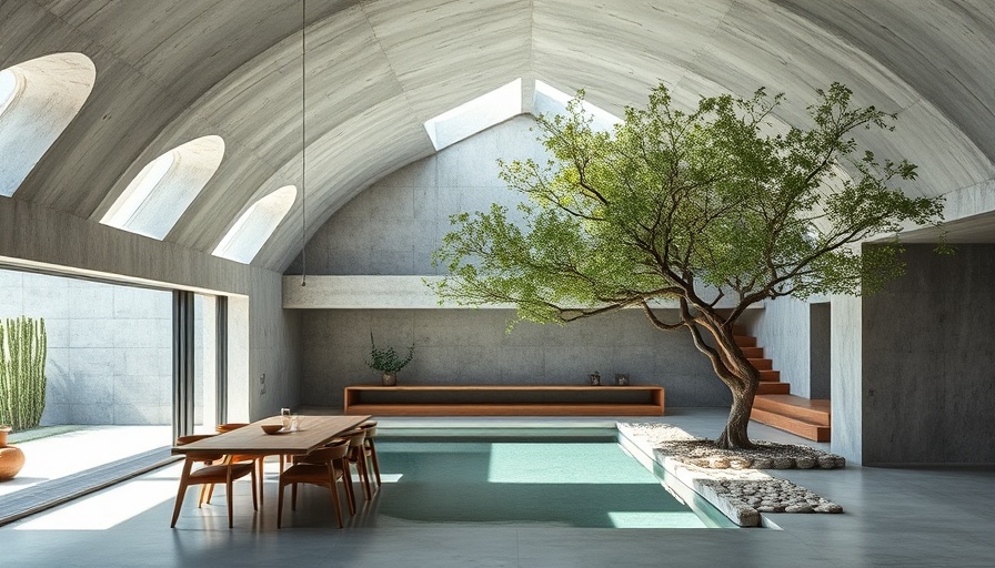 Modern Gruta House architecture with open dining and natural elements.