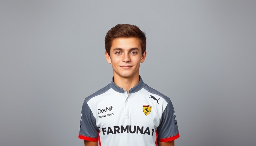 Formula 1 team shirt worn by young individual with neutral expression.