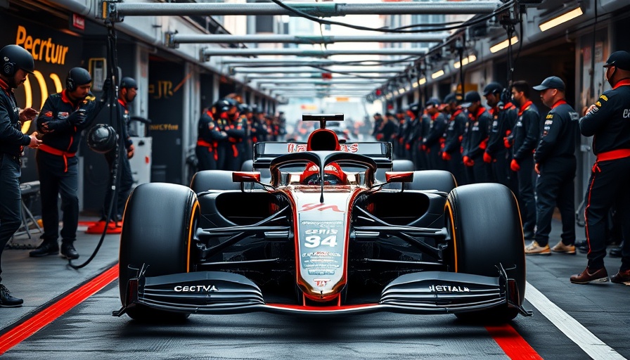 Formula 1 car in pit lane with crew and equipment.