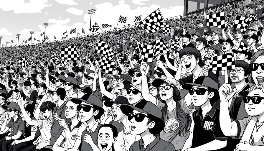 High contrast crowd of IndyCar fans waving checkered flags.