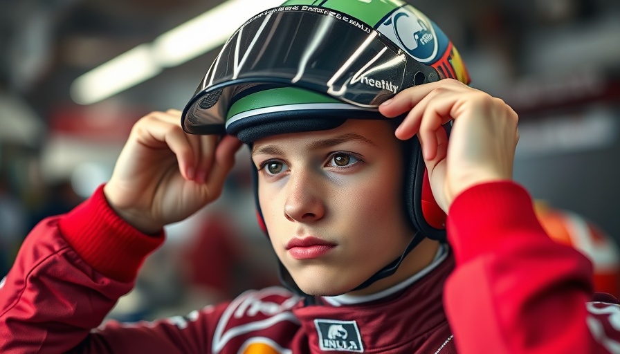 Formula One young driver adjusting cap in team gear.
