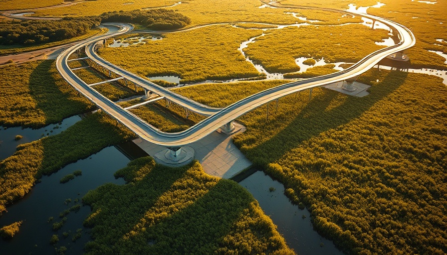 Aerial view of Fareja Bridge design over marshland at sunset.