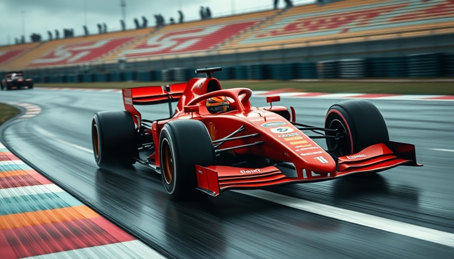 Red Formula 1 car taking a curve on wet track, dynamic and sleek.