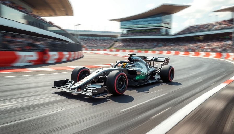 High-speed Formula One car racing on the track.
