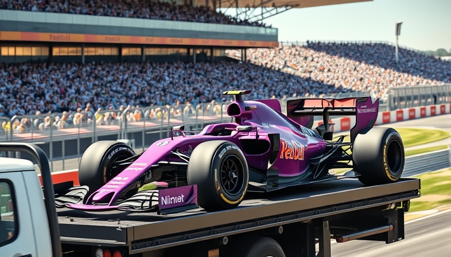 Formula One crash aftermath with car on truck at racetrack.