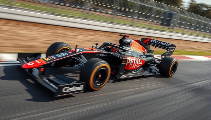 Formula One car racing at high speed with blurred motion on track.