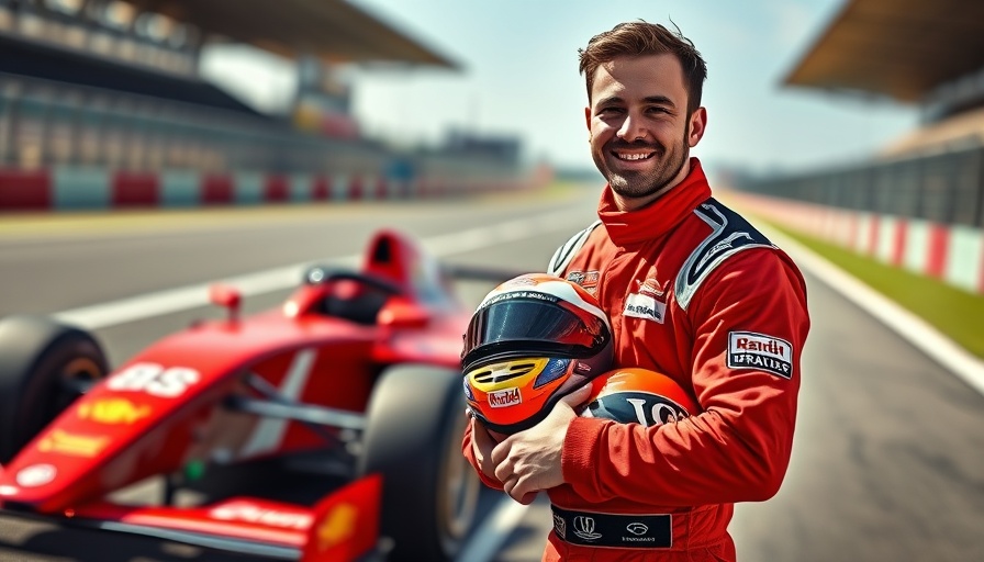 Successful race car driver in red suit on racetrack, Japan