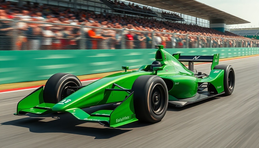 Single-stop strategy Suzuka race car in action, green Formula One vehicle speeding.