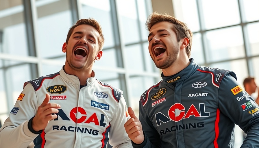 F1 racing karaoke session with two men singing in team outfits.